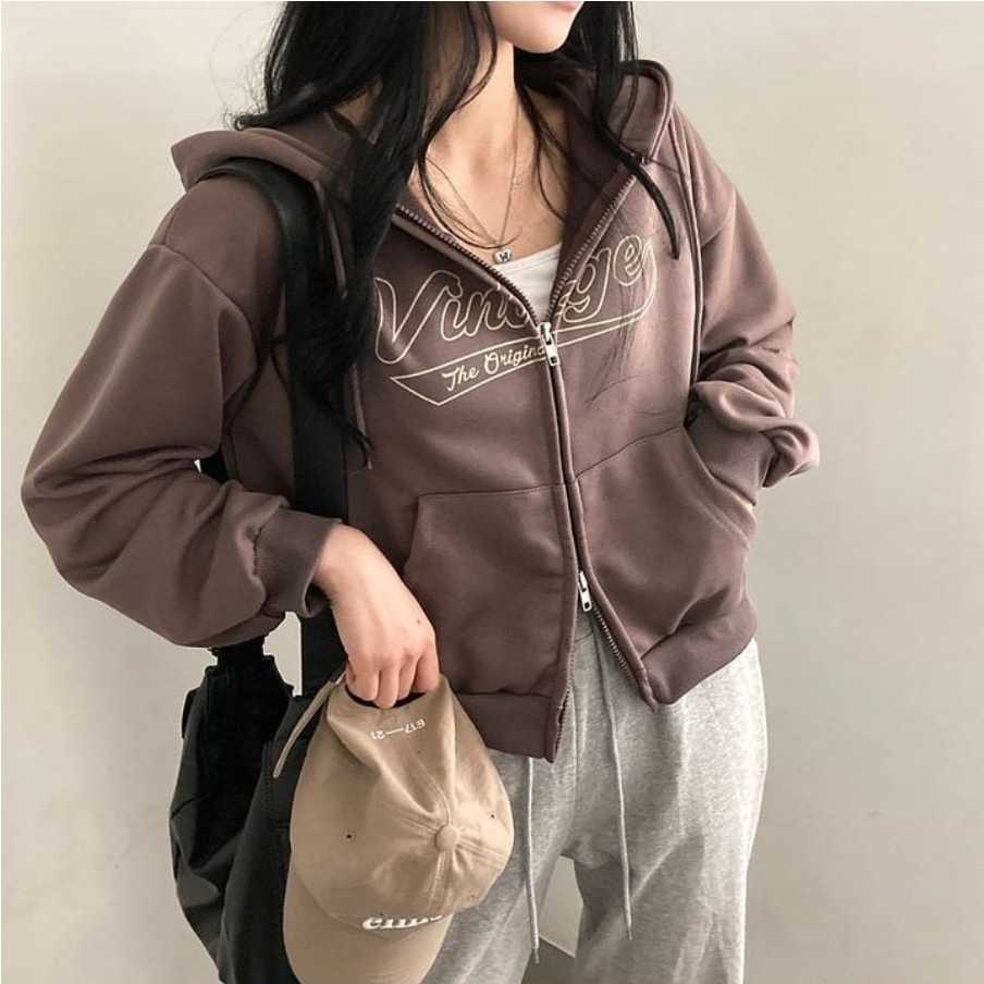 	 JAKET CROOPE VINTAGE HOODIE ZIPPER SWEATER WANITA CROP TOP - JAKET CROPE WANITA	