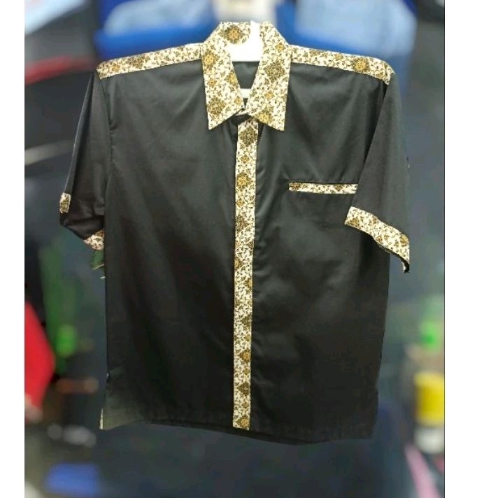 KEMEJA SERAGAM HITAM KOMBINASI BATIK BAHAN AMERICAN DRILL