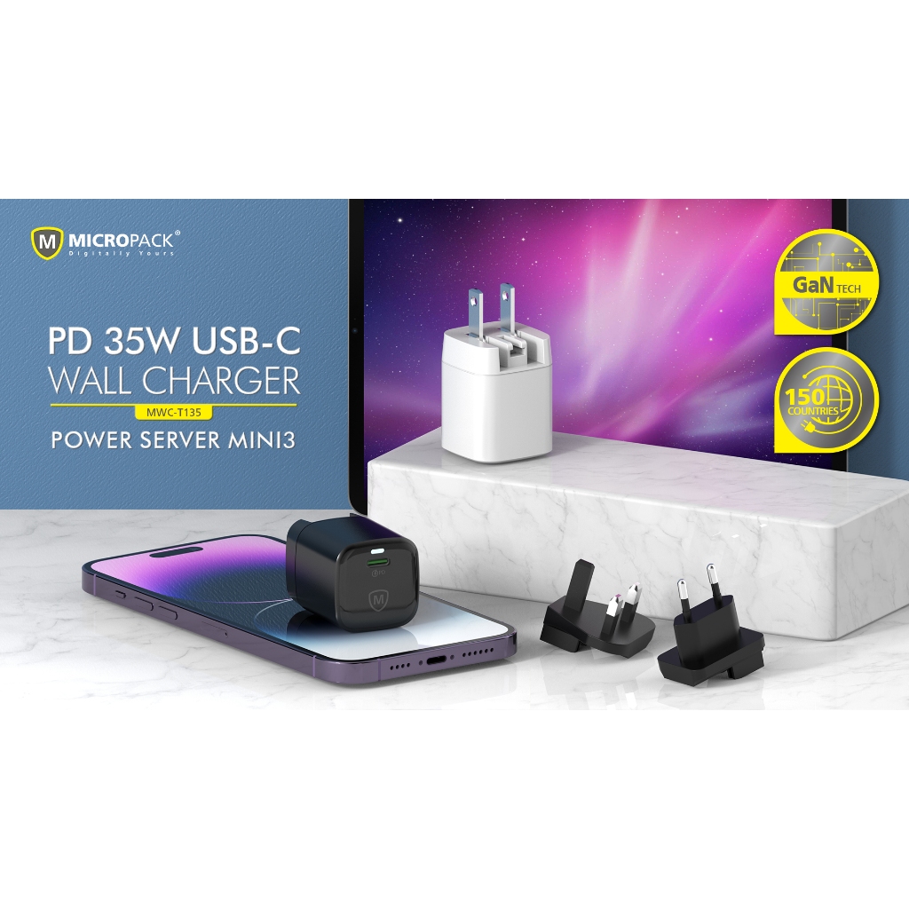 100% ORIGINAL MICROPACK WALL CHARGER 35W GAN TYPE C WITH 2 TRAVEL PLUGS MINI - (MWC-135)