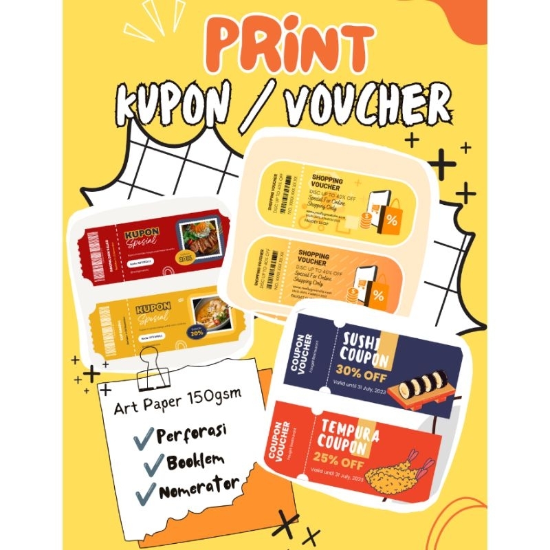 

Print Voucher / Kupon 10x4cm per buku isi 100 sudah booklem nomerator dan perforasi