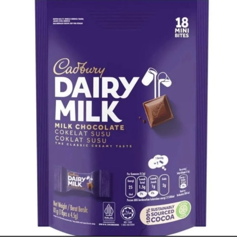 

Cadbury Dairy Milk Chocolate Bites 81 gr| Coklat Susu 18 Mini