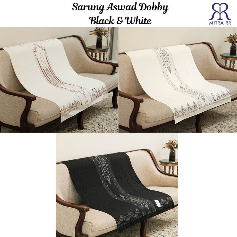 Sarung Aswad Dobby Black & White Premium | Sarung Tenun Dewasa Dobby Timbul Hitam Putih