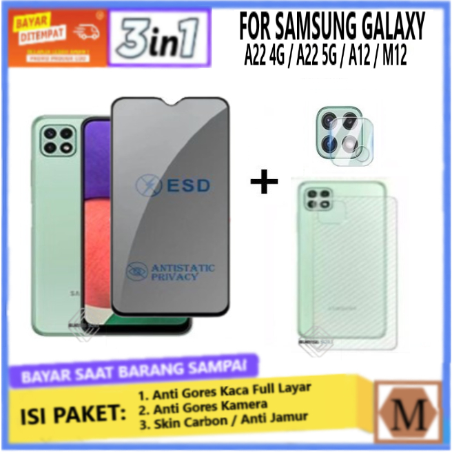 Paket 3in1 Tempered Glass Anti Spy Samsung Galxy A22 4G A22 5G A12 M12 Anti Gores Privacy Full Layar
