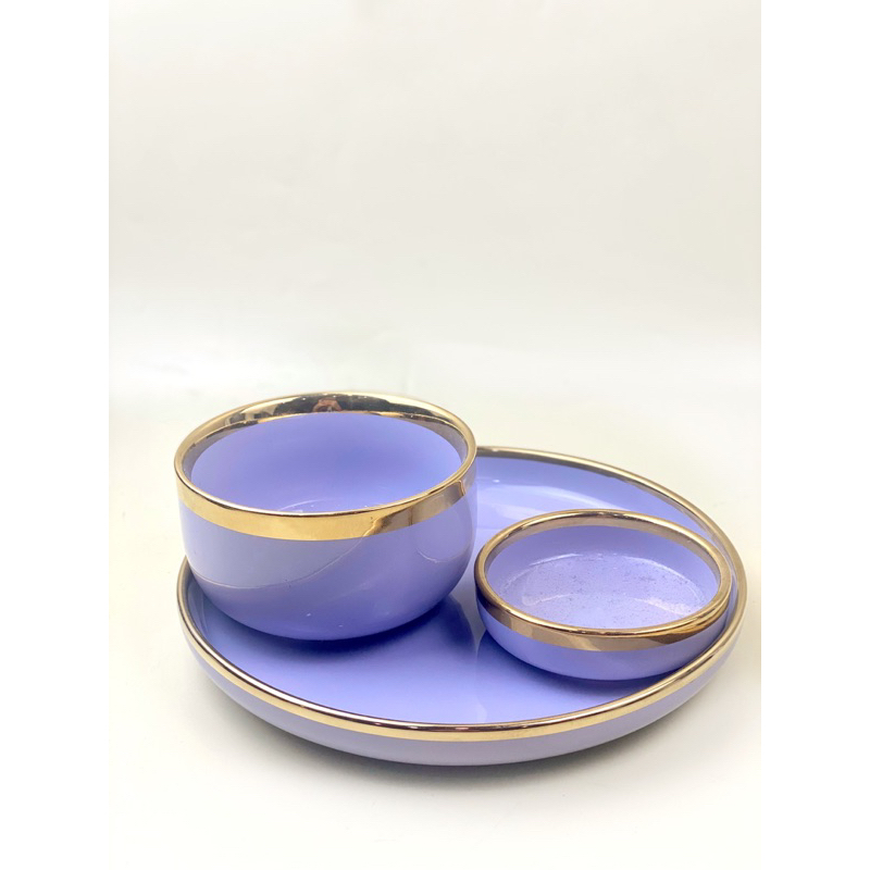 Terbaru Ashome Piring Set 1 Orang Piring Makan Set Keramik Ungu Lilac Gold Isi 3 Pcs / Piring Set