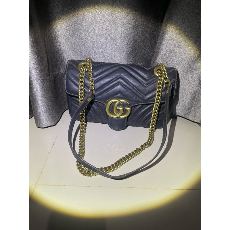 preloved tas gucci marmont black medium sling rantai