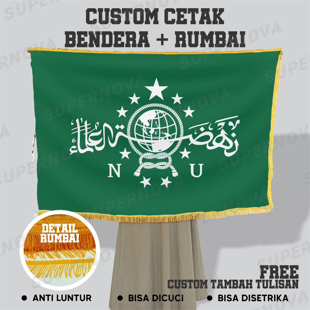 bendera NU Nahdlatul Ulama bolak balik 2 sisi plus renda rumbai jumbo