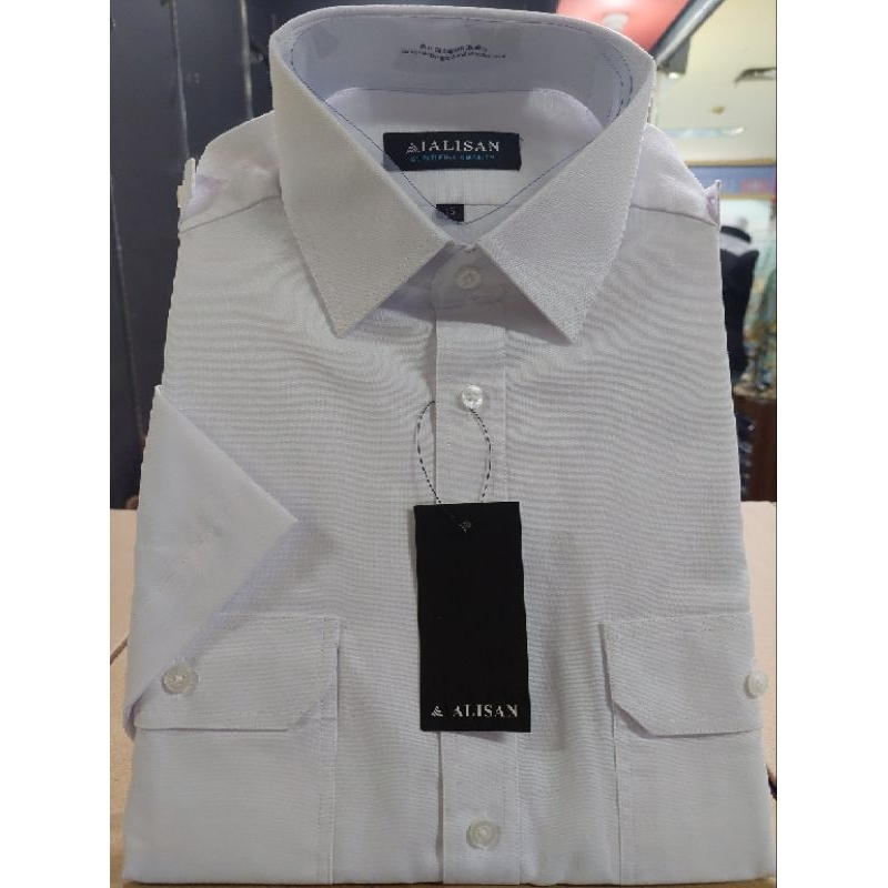 Alisan Kemeja Pangkat kantong 2 Lengan Pendek Putih.