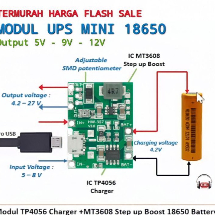 Gaya Hidup Terjangkau Modul Kit DIY Mini Backup UPS DC 37V Output 5V 9V 12V 2A 2mAh