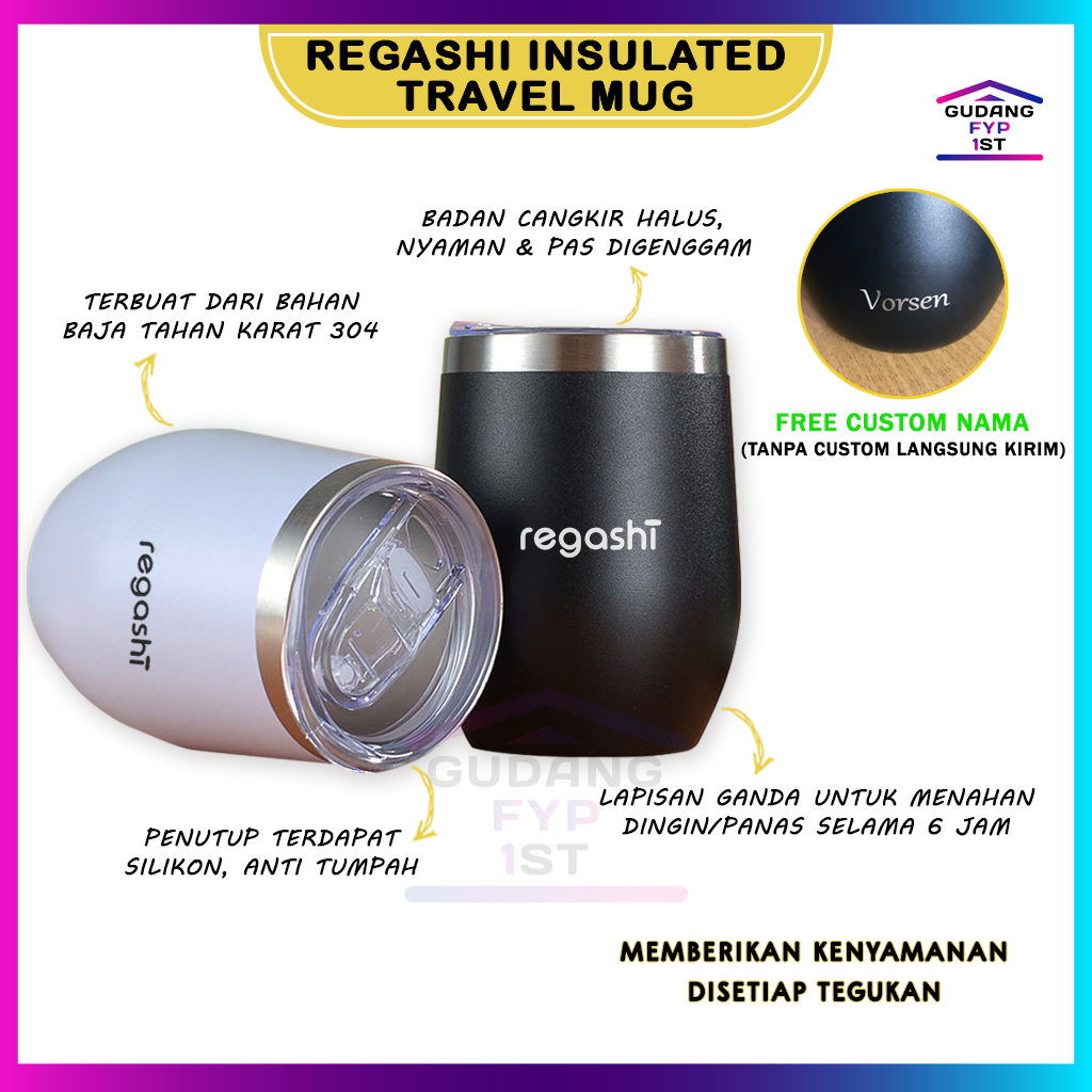 [ Custom Nama ] Insulated Travel Mug | Coffee Travel Cup | Eggshell Coffee Mug | Tumbler Gelas Stain