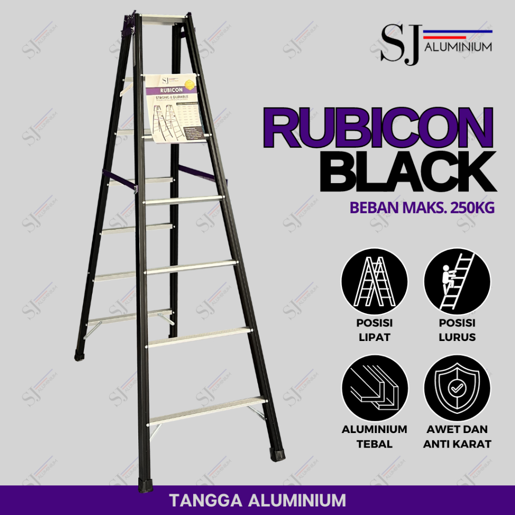 RUBICON BLACK - Tangga Aluminium Lipat Hitam Jumbo Aluminium Ladder Multifungsi - Tahan Beban 250 KG