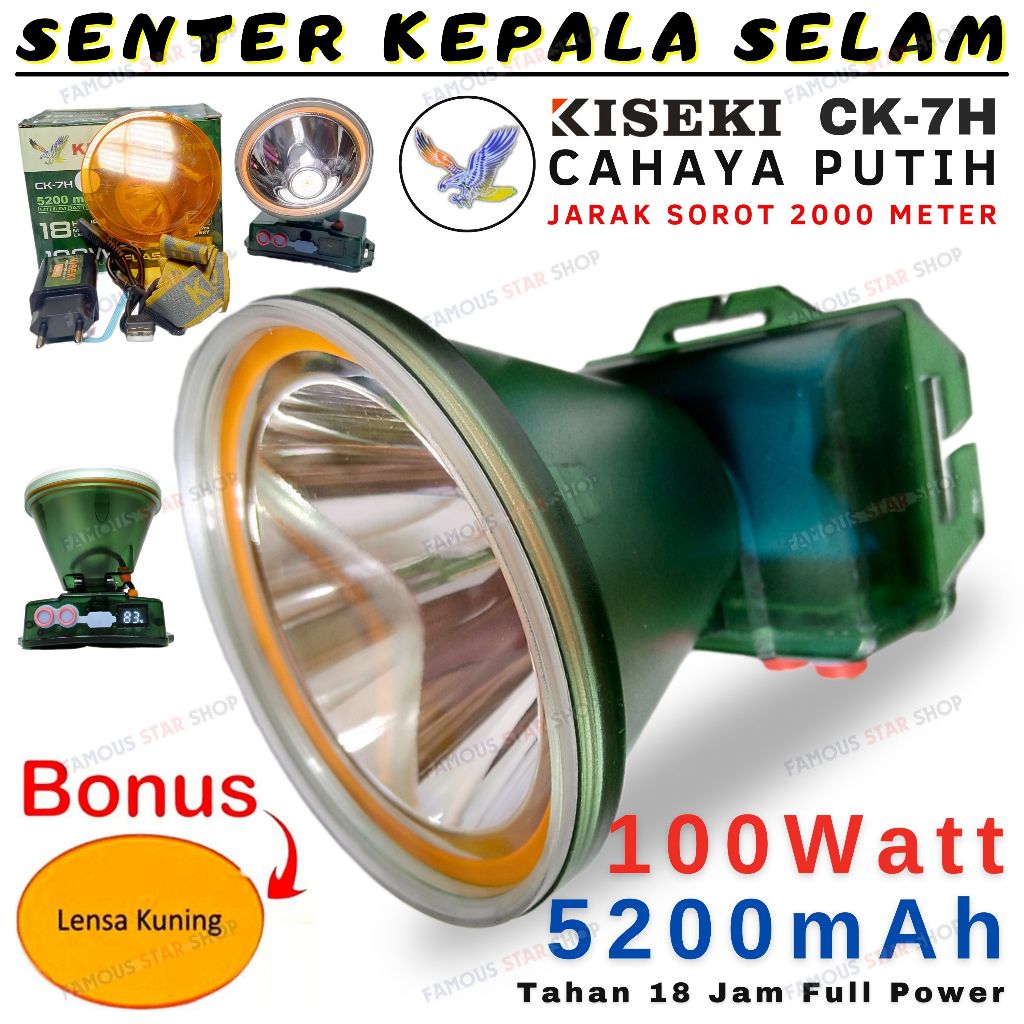 SENTER KEPALA LED KISEKI CK-7H SUPER TERANG CAHAYA PUTIH 100 WATT TAHAN 18JAM HEADLAMP KISEKI CK7H