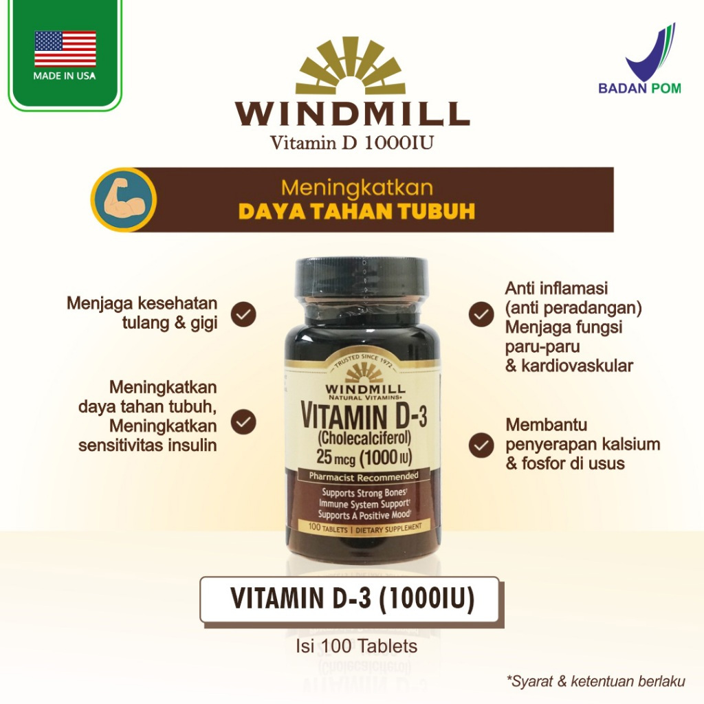 Windmill Vitamin D3 1000IU 100 tabs BPOM / Vitamin D 1000 IU