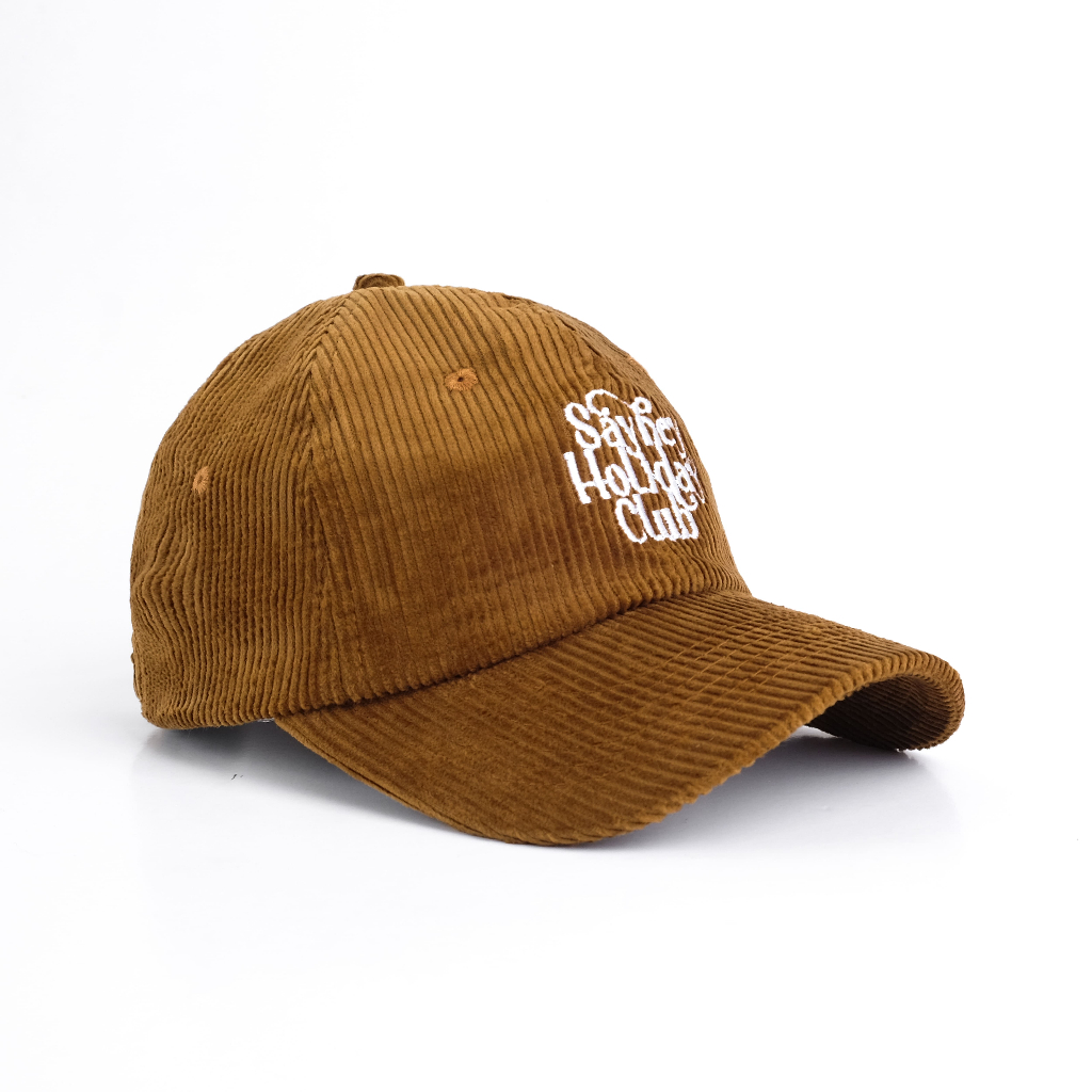 Sayhey Holidayclub - Logo Serif Caps (Caramel) | Topi Lidah Pendek | Topi Corduroy Warna Coklat Cara