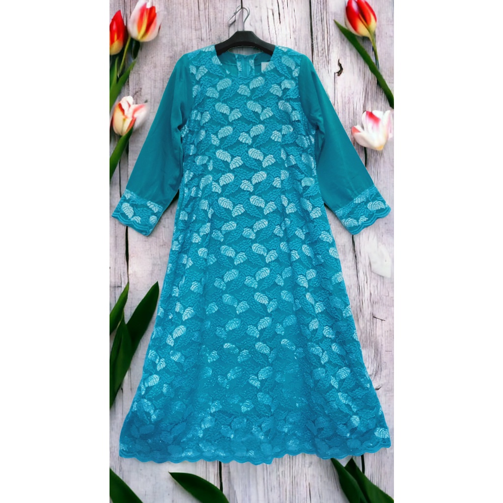 GAMIS/DRESS PESTA BIRU BROKAT LD 100 PB 120