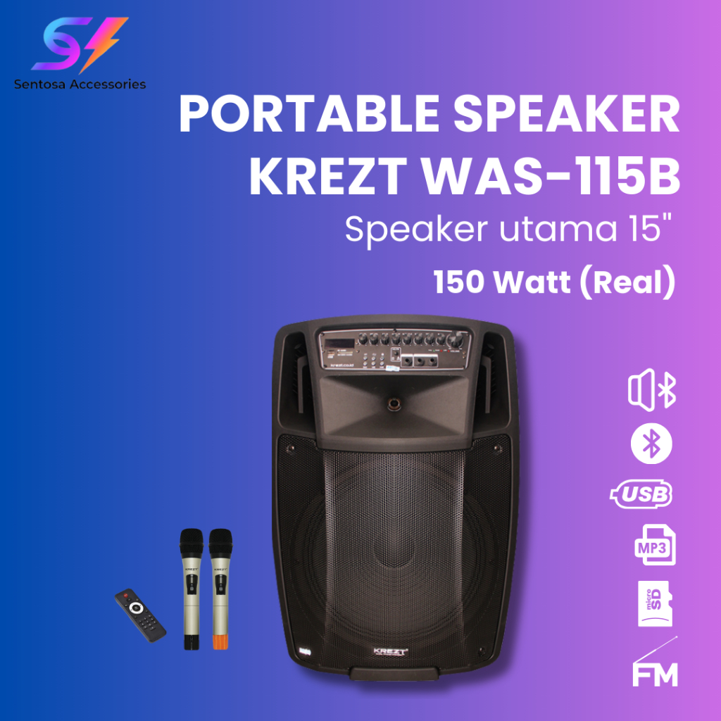 Speaker Portable KREZT WAS-115B Portable Speaker 15 Inch Speaker Bluetooth TWS