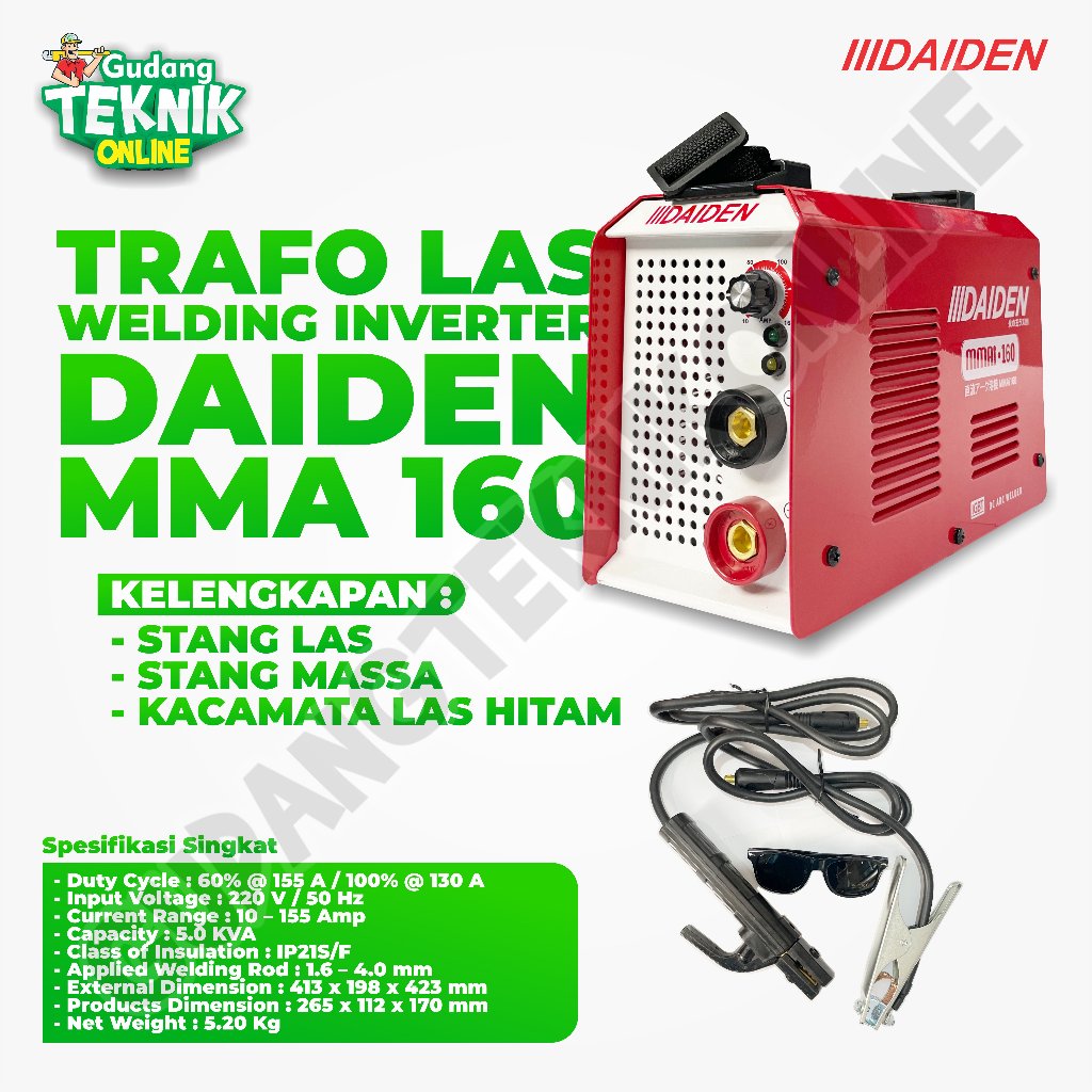 Daiden MMAi 160 - Mesin Las Listrik Daiden 160A / Trafo Las Welding Inverter Daiden MMA 160 A Free S