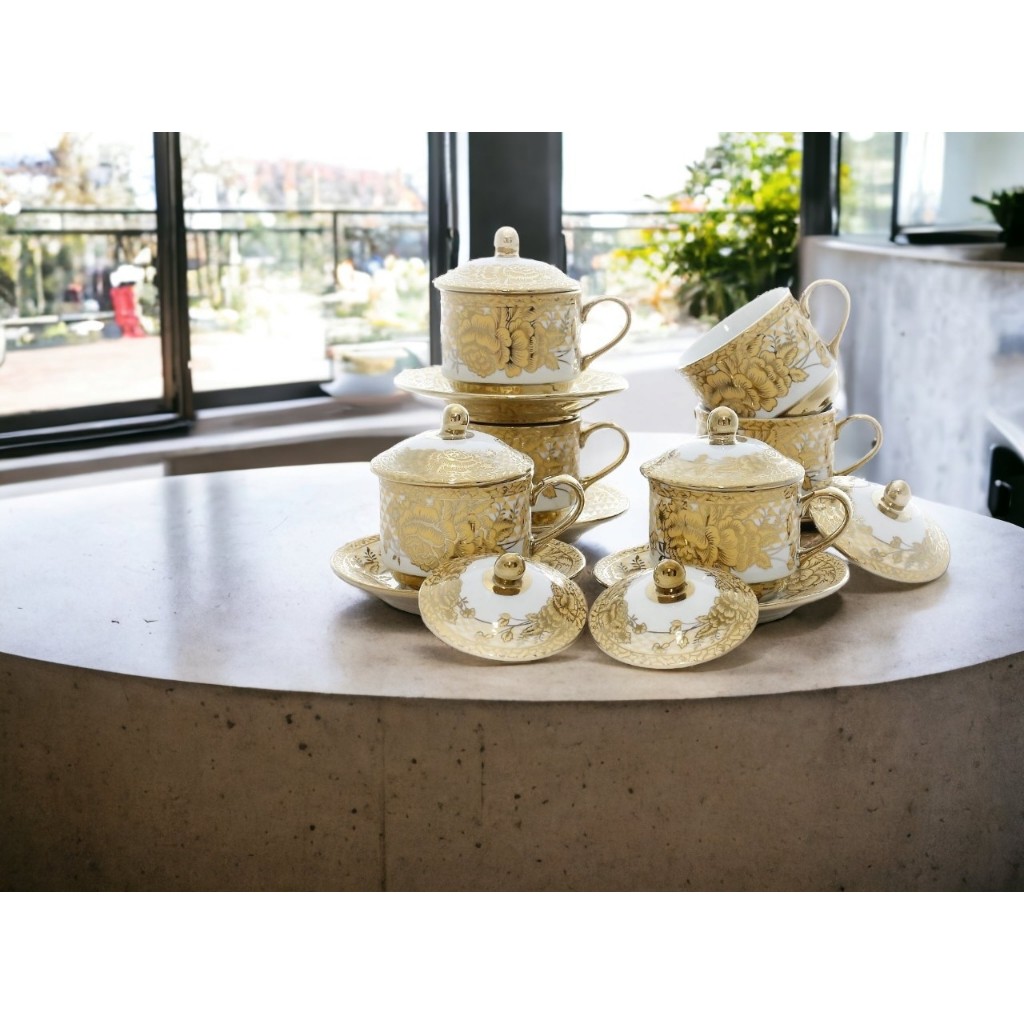 Cangkir Lepek + Tutup / Tea Set Vicenza 18 Pcs Keramik Elegan Kado Cantik