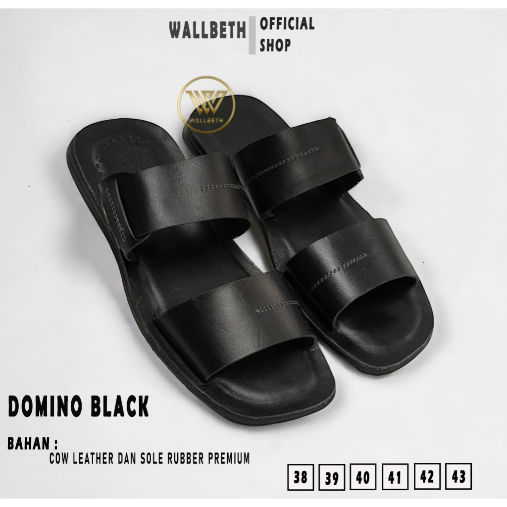 WALLBETH II Sandal Kulit Pria I Sandal Kulit Pria Slide Ban Dua Hitam Domino Series