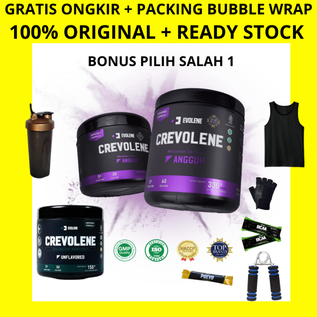 Crevolene Creatine Evolene 30/60 Servings Crevolene Creapure Rasa Anggur & Unflavored Creatine Monoh