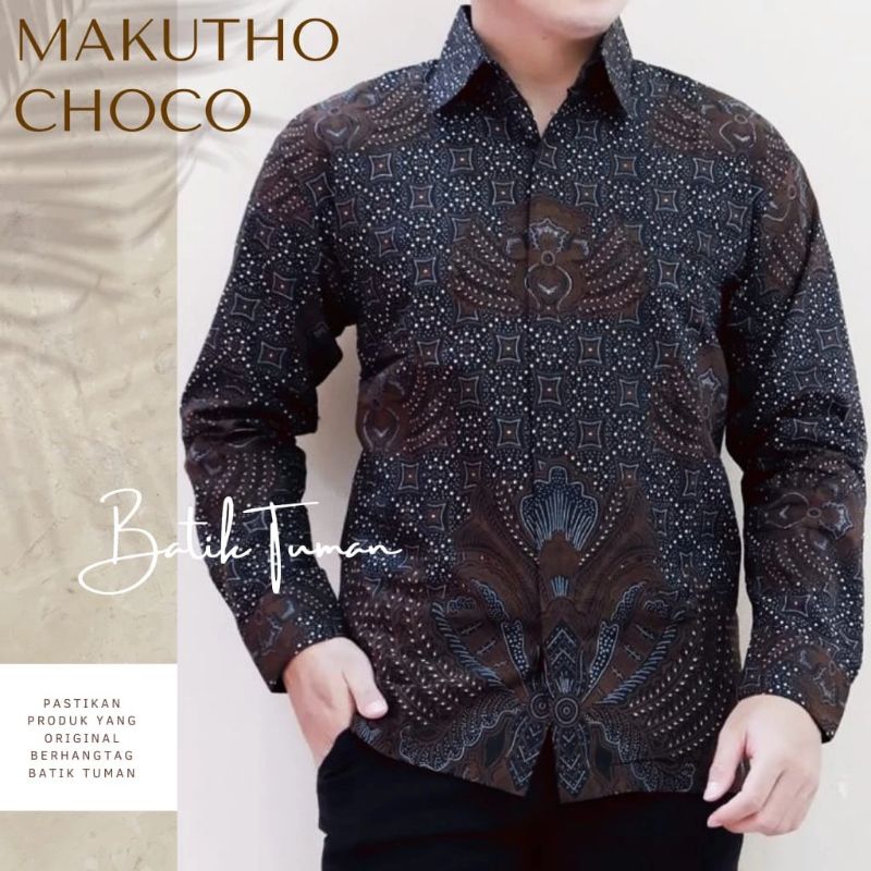 Kemeja Batik Pria Modern Lengan Panjang Keris Makuto coklat Puspo Rojo Wirayuda Kembang pinurbo Peks