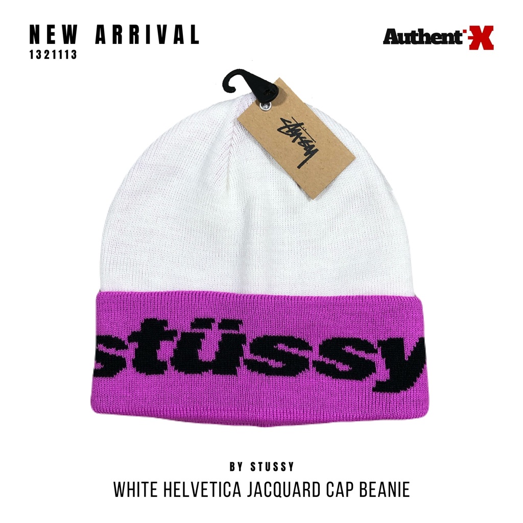 STUSSY HELVETIA JACQUARD BEANIE HAT - WHITE | ORIGINAL