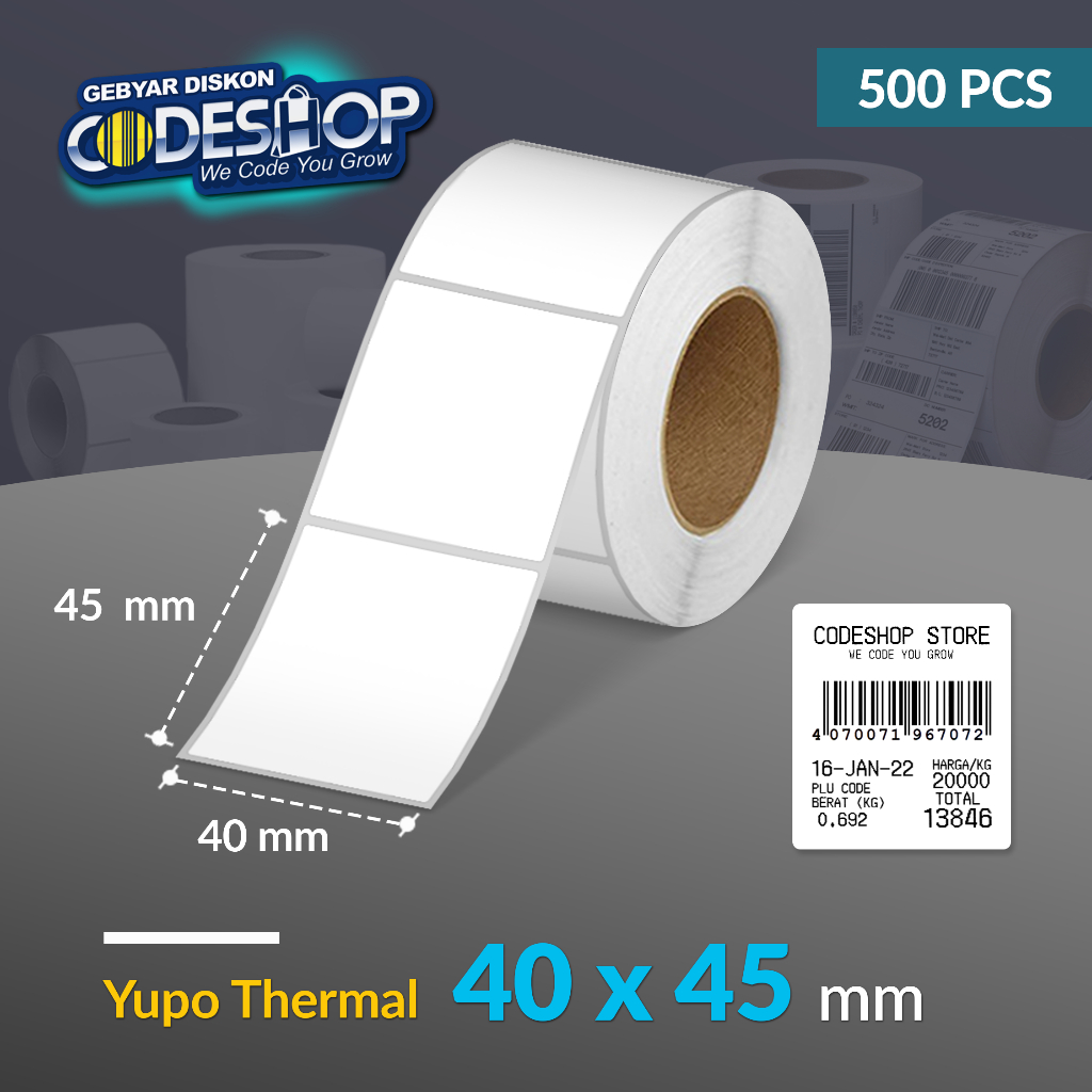 

Codeshop Label Stiker Timbangan Yupo Thermal 40 x 45 mm 1 Line Core 1,5 Inch Isi 500 Pcs