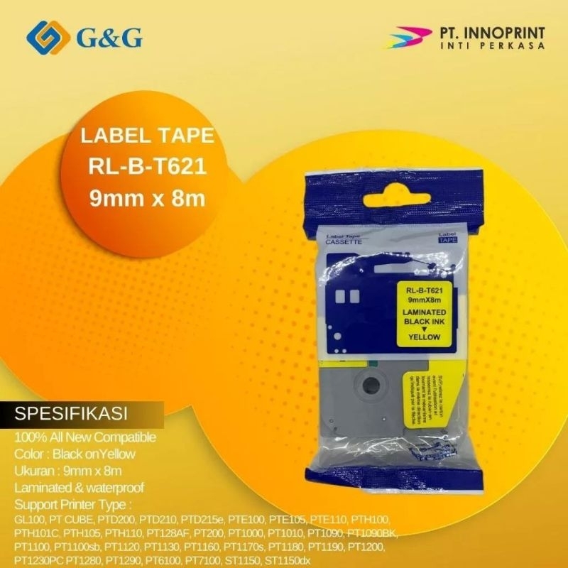 

Label tape G&G for Brother Label Tape TZE-621 9mm x 8m Black on Yellow TZE621