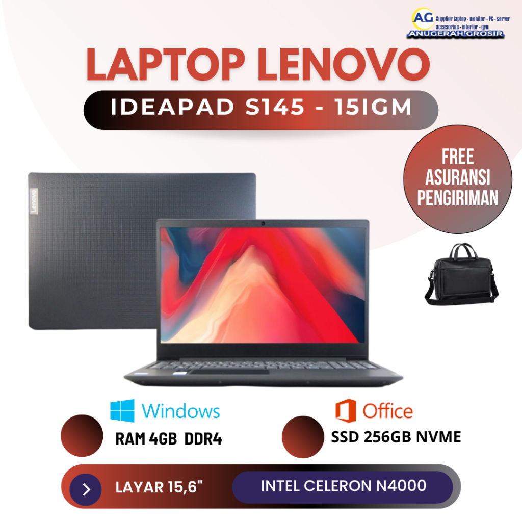 OBRAL Laptop Lenovo ideapad s145-15igm intel n4000 ram 4gb ssd 256gb nvme + slot hdd 15,6" baru