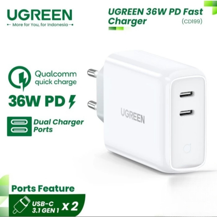 UGREEN CHARGER 70264 USB WALL CHERGER DUAL PORT USB C 36W