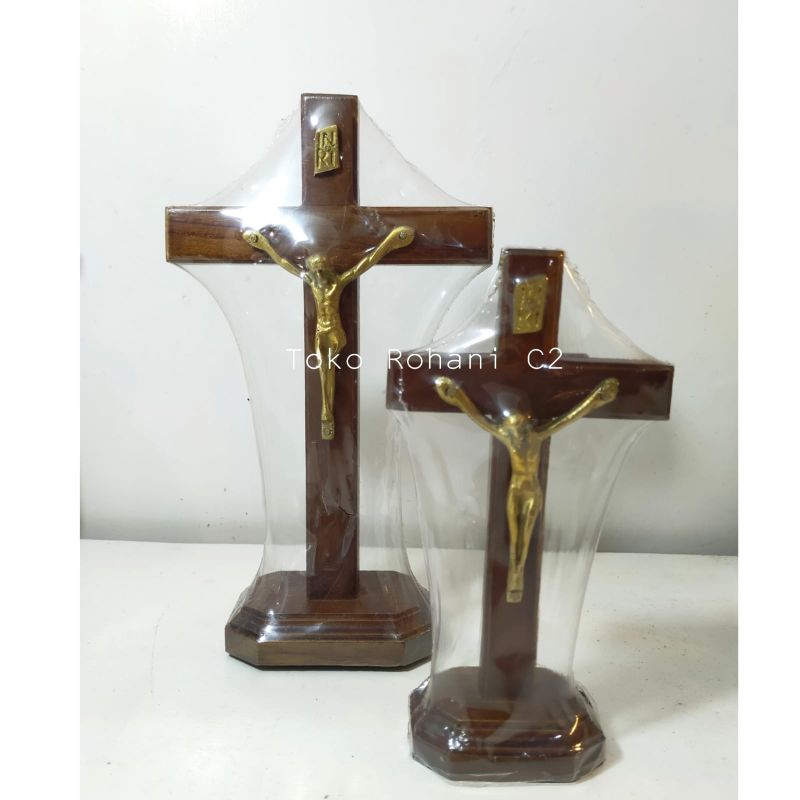 Salib Duduk SDKJ Corpus Kuningan 15cm (5750) / 20cm (5751) - Salib Duduk - Salib Kayu - Salib Kuning