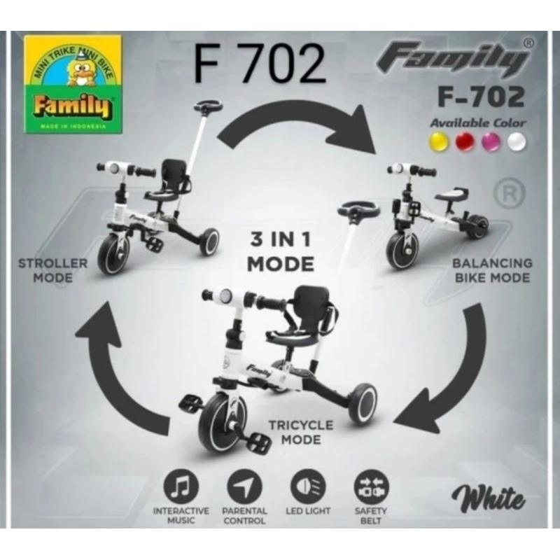 Balance Bike Family F 702 Push Bike F702 F701 Sepeda Keseimbangan 3 in 1 Sandaran