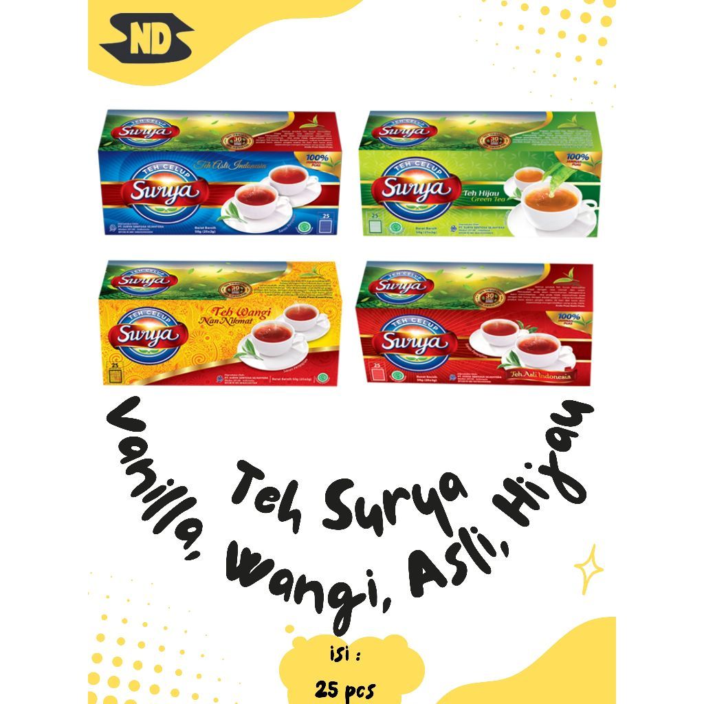 

Teh Celup Surya Vanilla, Asli, Wangi, Hijau Kotak isi 25pcs