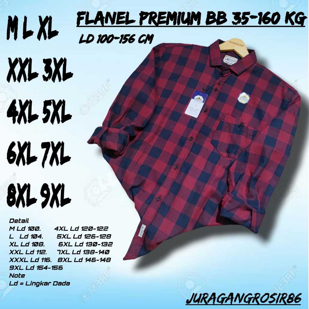Kemeja Flanel Kotak-Kotak Premium Pria Wanita Lengan Panjang Extra Jumbo Oversize Bigsize LD 100 110