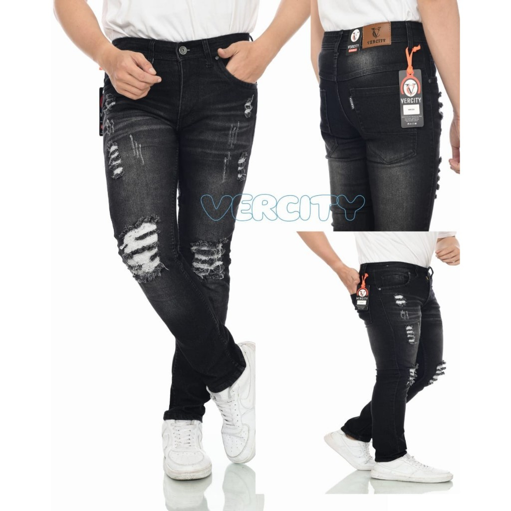 Celana jeans pensil pria panjang sobek lutut/ celana panjang sobek pria kekinian/ celana jeans pensi