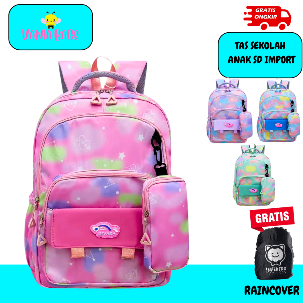 tas anak perempuan sd remaja tas sekolah anak perempuan motif rainbow waterproof