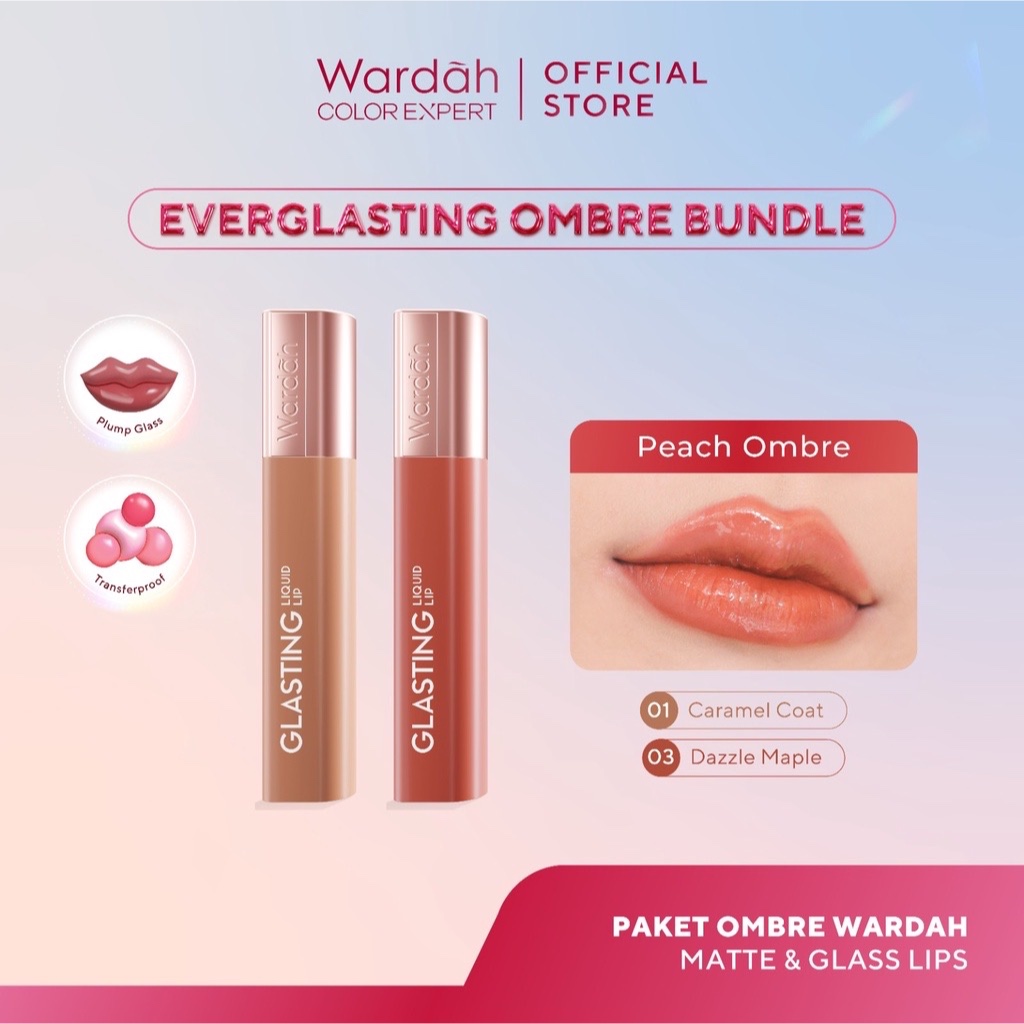 WARDAH Glasting Liquid Lip Peach Ombre Package Indonesia / Paket 01 Caramel Coat + 03 Dazzle Maple 3