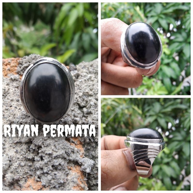 Cincin batu akik kelor hitam natural ring monel