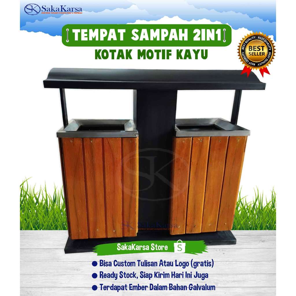 TEMPAT SAMPAH 2IN1 KOTAK BESI LAPIS GRC MOTIF KAYU UNTUK OUTDOOR