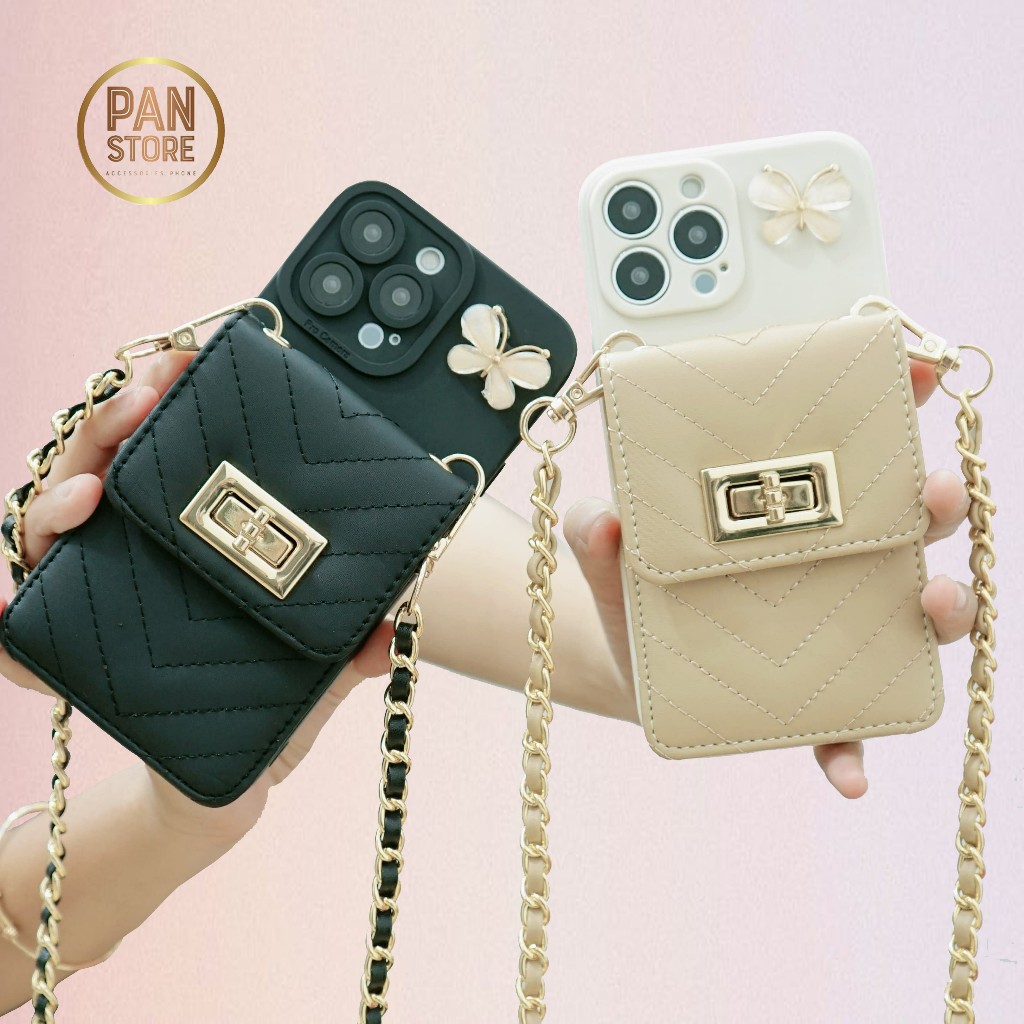 Case hp Dompet Kulit Tempelan Kupu-Kupu + Tali Selempang Rantai For OPPO A77S/A17/A57/A76/A36/A96/A1