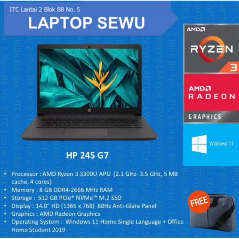 LAPTOP HP 245 G7 AMD RYZEN 3-3300U 8GB SSD 512GB 14" WIN 11 8GB 512GB