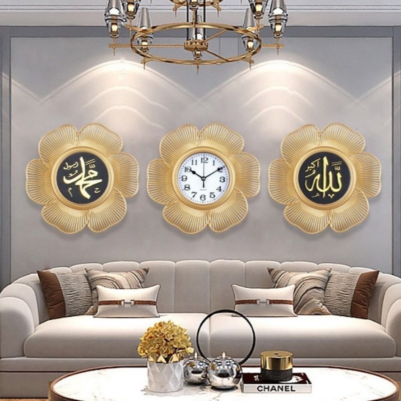 Jam Dinding Set Kaligrafi Gold Cermin Gold Jam dinding Emas Minimalis Mewah Jam Dinding Gold