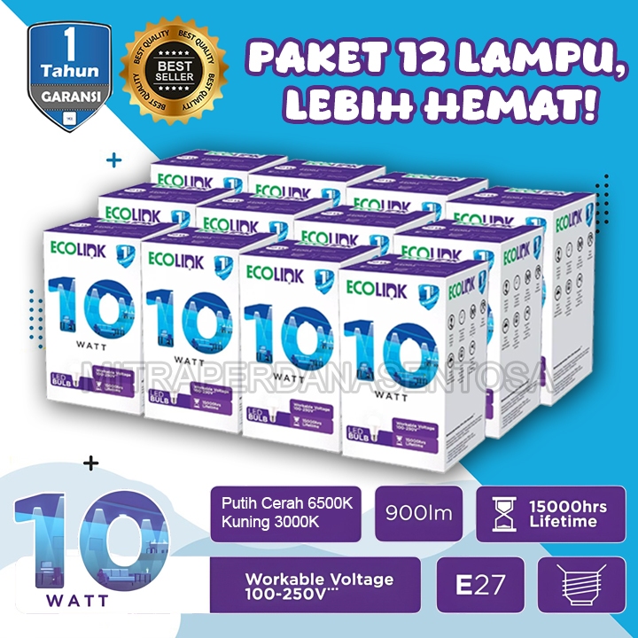 Paket 12 pcs Ecolink Lampu Bohlam LED Bulb 10 watt Putih 6500K Kuning 3000K TAHAN LAMA SUPER TERANG