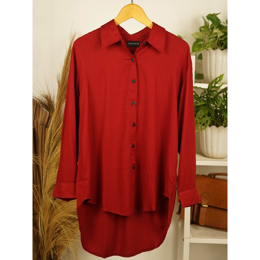 (NAJWA) KEMEJA / BAJU WANITA RAYON TWILL MERAH MAROON OVERSIZE