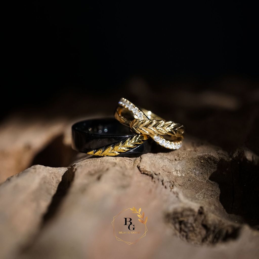 Cincin Rustic Bahan Perak/Silver Finishing Black & Gold Combination With Zircon Stone Cincin Kawin C