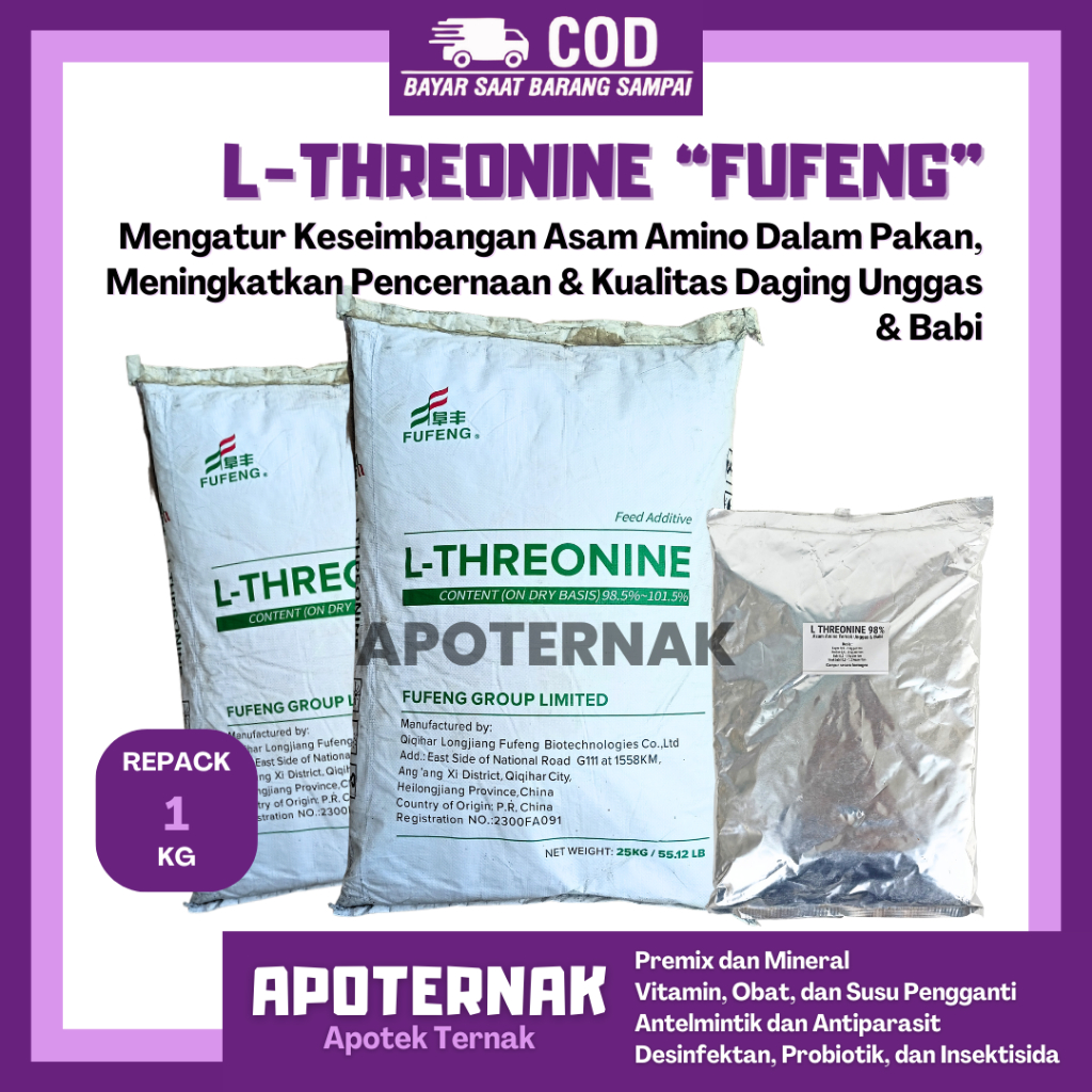 L THREONINE 1 Kg Fufeng | Asam Amino Esensial Untuk Hewan Unggas Babi Pertumbuhan Kekebalan Tubuh Pe