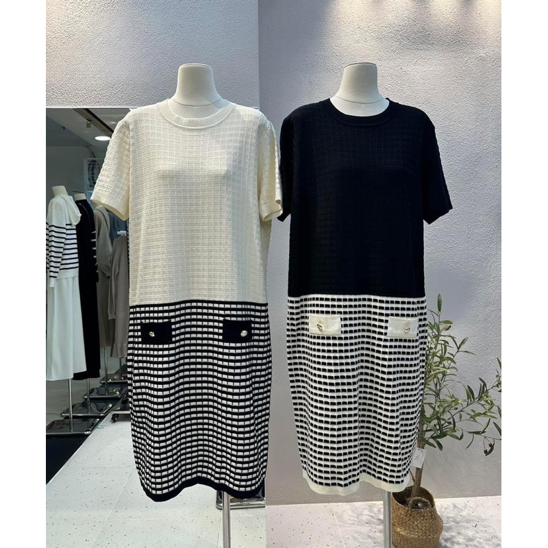 [Ijuf] Alicia maxi dress knit basic twotone salur houndstooth import bangkok BKK