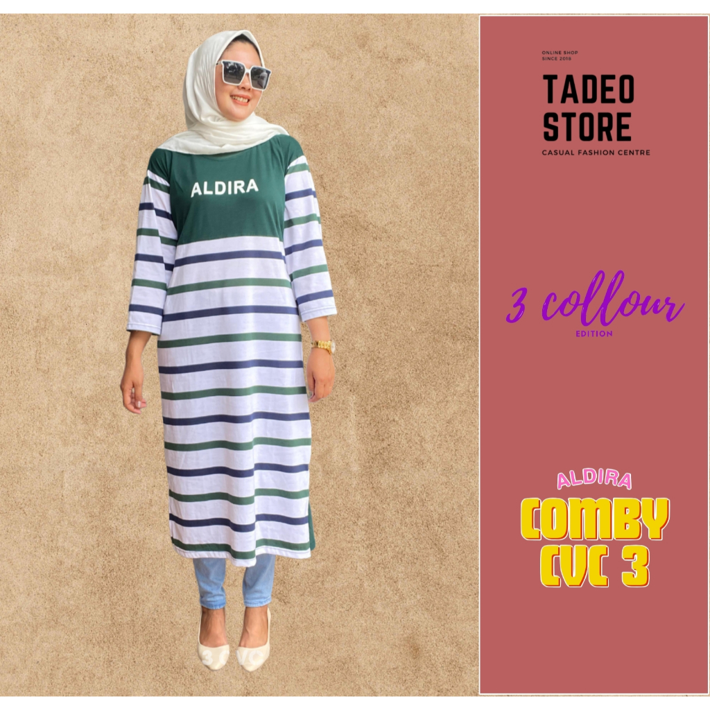 Aldira Terbaru Atasan Midi Dress 7 8 Stripe Kombinasi Tunik Belang-belang Salur Imut Kasual Warna Hi
