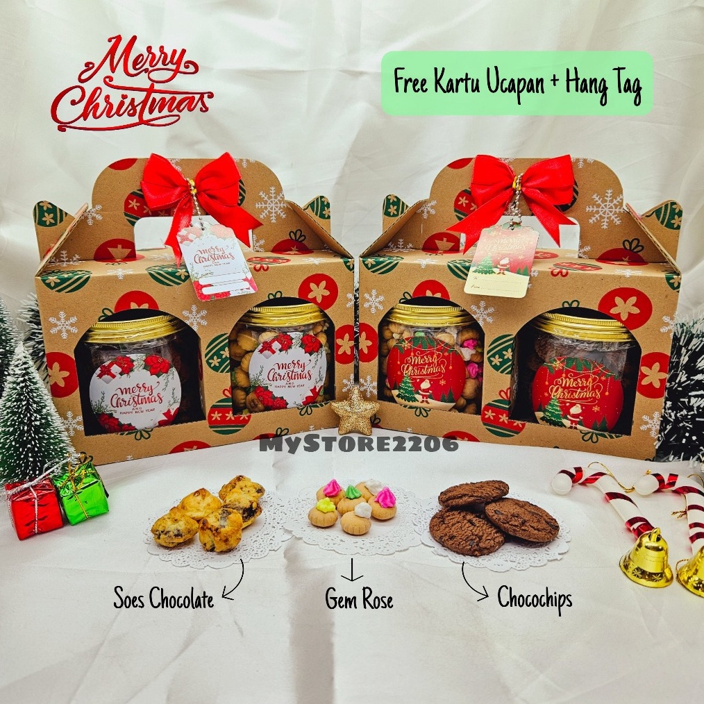 

GROSIR Hampers Parcel Natal 223 Cookies Kue Kering Choco Chips Gem Rose Soes Chocolate 2 dan 3 Jar 6ml Hampers Merry Christmas