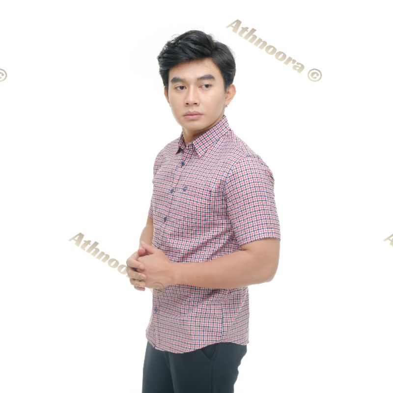 Kemeja pria motif kotak kotak lengan pendek warna pink merah muda size M L XL