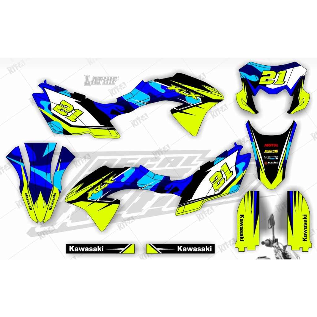 decal stiker Kawasaki KLX 150 BF Motif Abstrak Biru Kombinasi Stabilo